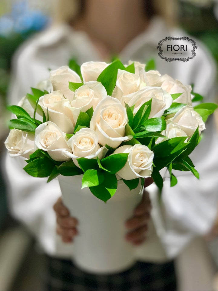 White Rose Arrangement - White Container