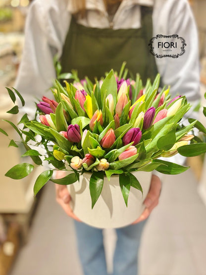 Rainbow Tulip in White Pottery - Luxury