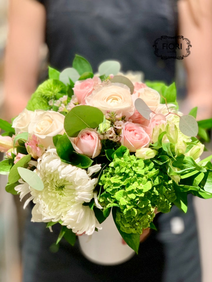 Mix of White, Greens and Pink in a Ceramic White Container by Florist in Oakville, FIORI Oakville
