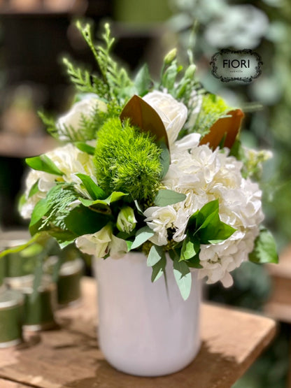 Winter White Beyond the Gloss Signature Floral Arrangement White on White with some greens by FIORI Oakville, Oakville Florist