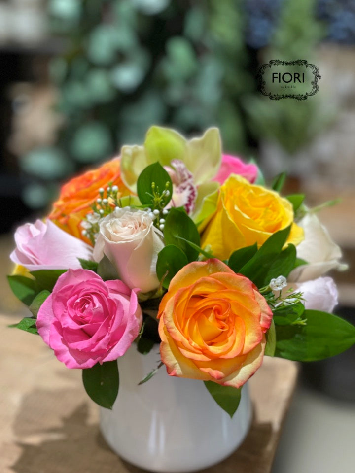FIORI Oakville, Oakville Flower Shop, Pink Orange White Yellow and Greens in a White Vase